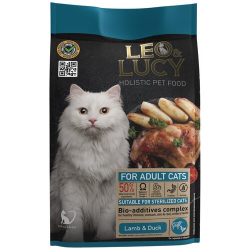 LEO&LUCY HOLISTIC для взрослых кастрированных котов и стерилизованных кошек с ягненком, уткой и биодобавками (1,5 кг)