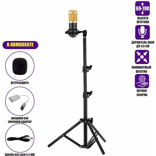 Конденсаторный микрофон BM800 с USB адаптером, кабелем XLR - Jack 3.5мм и ветрозащитой на напольной стойке с держателем паук, черно-золотой