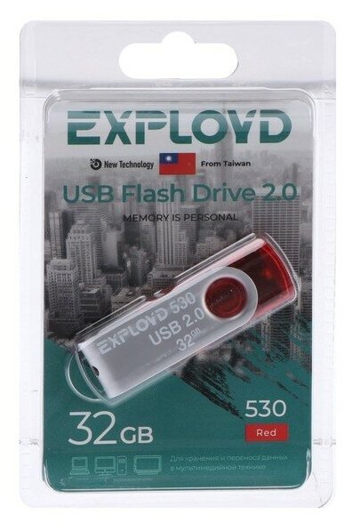 Флешка Exployd 530, 32 Гб, USB2.0, чт до 15 Мб/с, зап до 8 Мб/с, красная