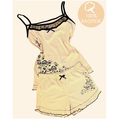 Пижама , шорты, майка, без рукава, пояс на резинке, размер 56, бежевый