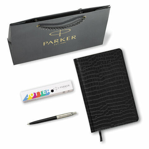 Ручка шариковая PARKER Jotter Plastic CT, корпус черный, ежедневникА5 черный зол. срез, пакет, 880894