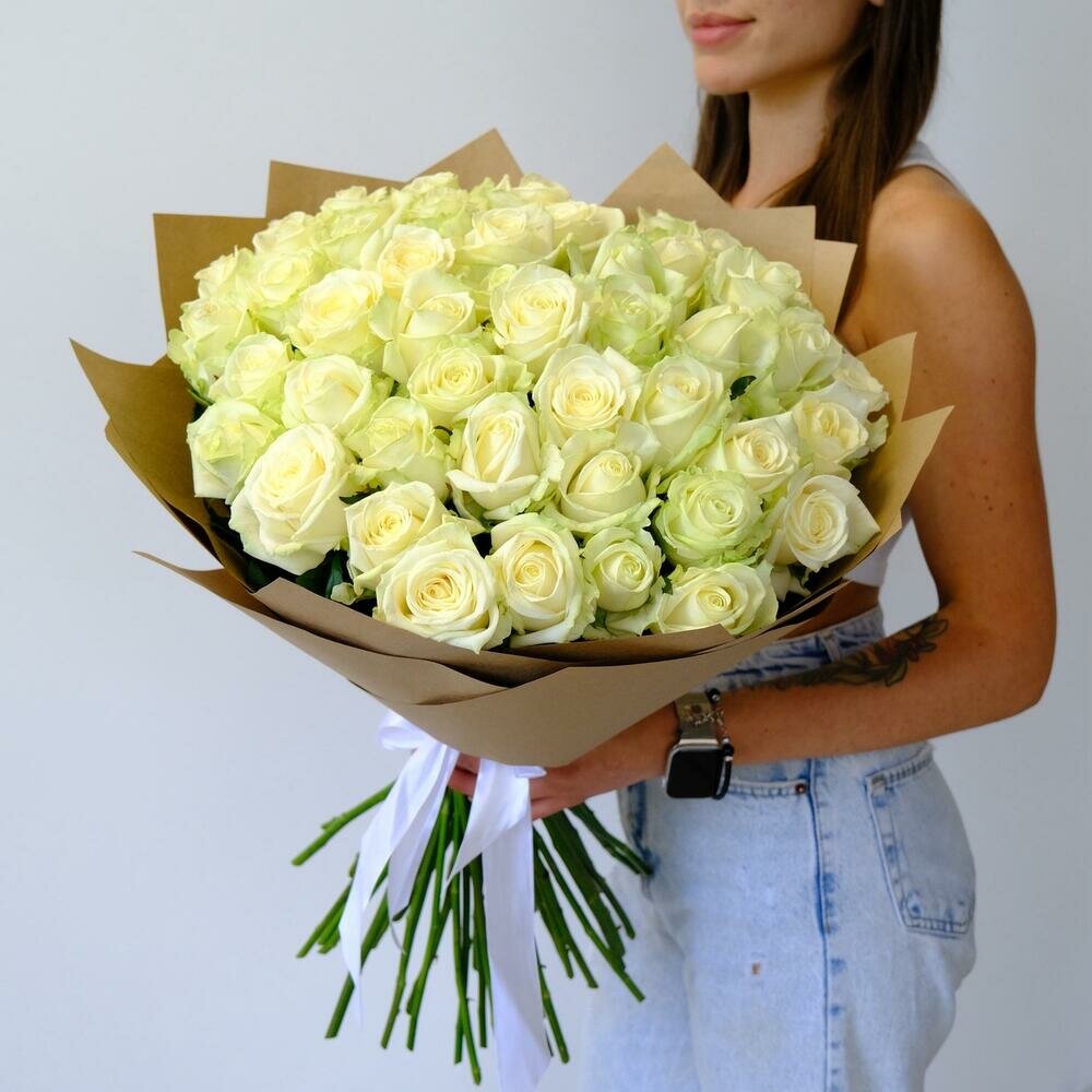 Белые розы Россия 60 см, 51 штучка