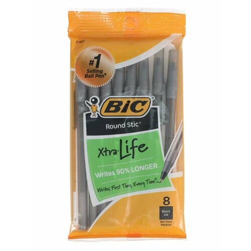 фото Bic xtra life шариковые ручки, средний закругленный наконечник 1,0 мм черные, 8 шт