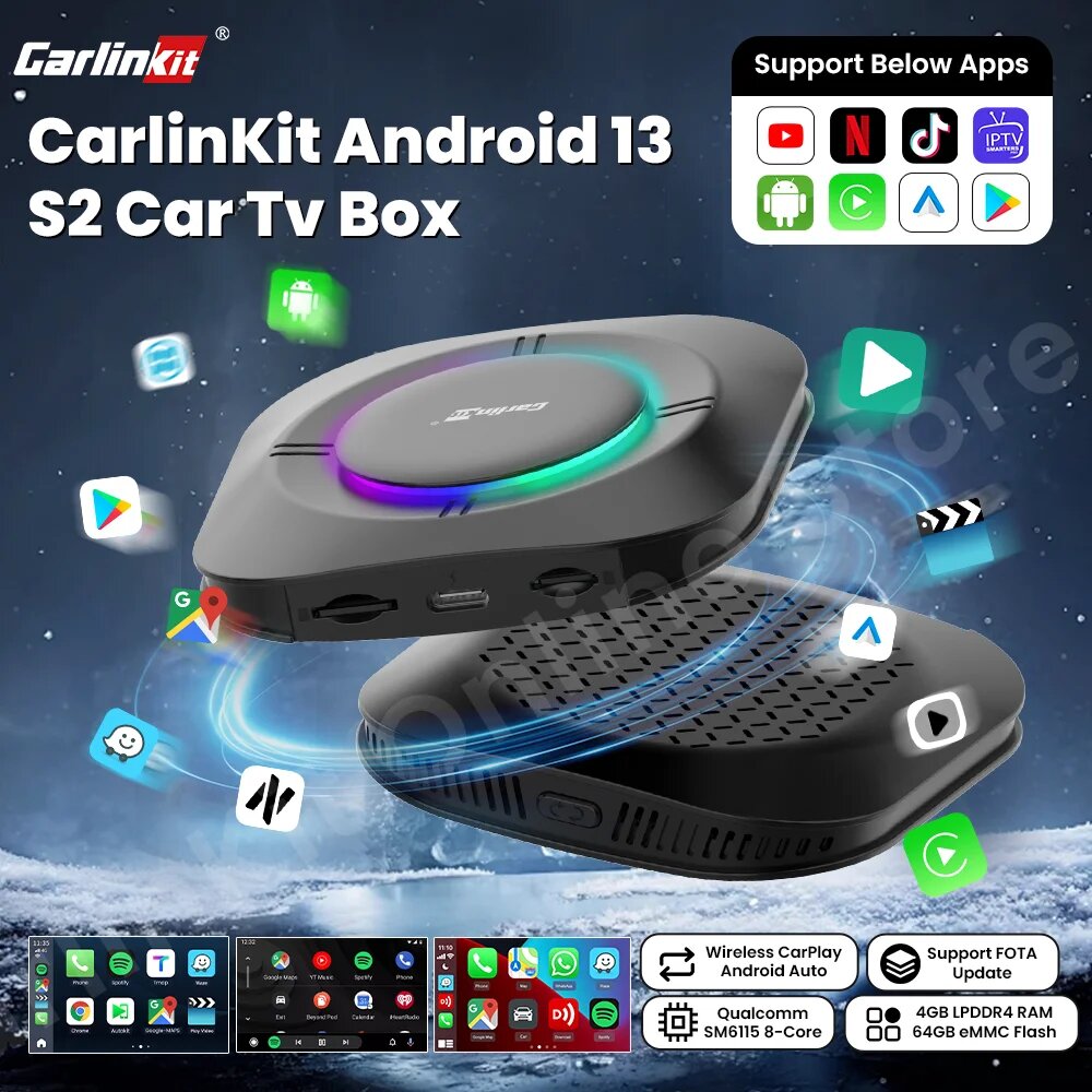 Carlinkit Android 13 S2 Ai Box SM6115 Carplay Беспроводная Android автоматическая поддержка Youtube Netfilx IPTV Spotify Автомобильные интеллектуальные системы, EAU, 4GB RAM 64GB ROM — фото 1