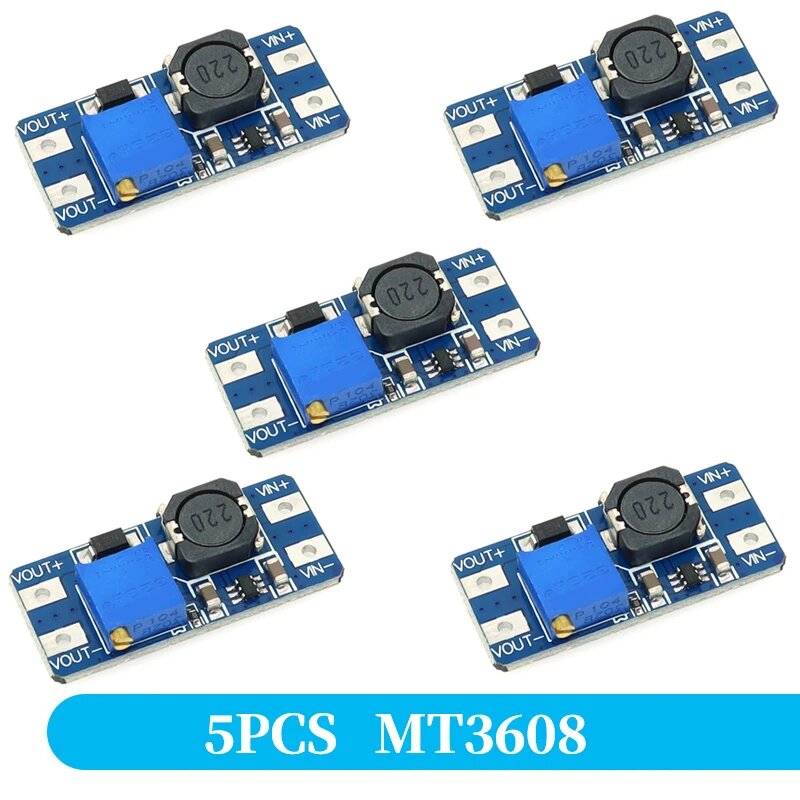 5 шт. MT3608 DC-DC повышающий преобразователь, модуль повышающего источника питания, повышающая плата MAX, выход 28 В, 2 А для Arduino, комплект «сделай сам», 5PCS MT3608