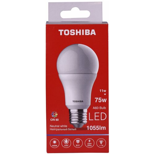 фото Лампа светодиодная toshiba а60-lamp 75w 4000k cri80 nd (11w, 1055лм, 220°, 50гц, 230в, е27)