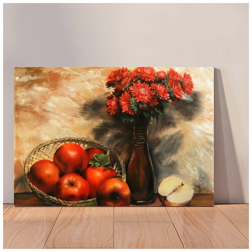 фото Картина натюрморт ваза с цветами и фруктами маслом, 50x67 см, картина на холсте на деревянном подрамнике с настенным креплением вау холст