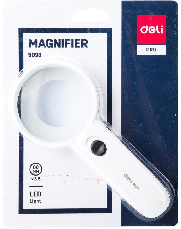 Лупа офисная Deli E9098 d=60мм x3.5 LED подсветка, белый упак. блистер