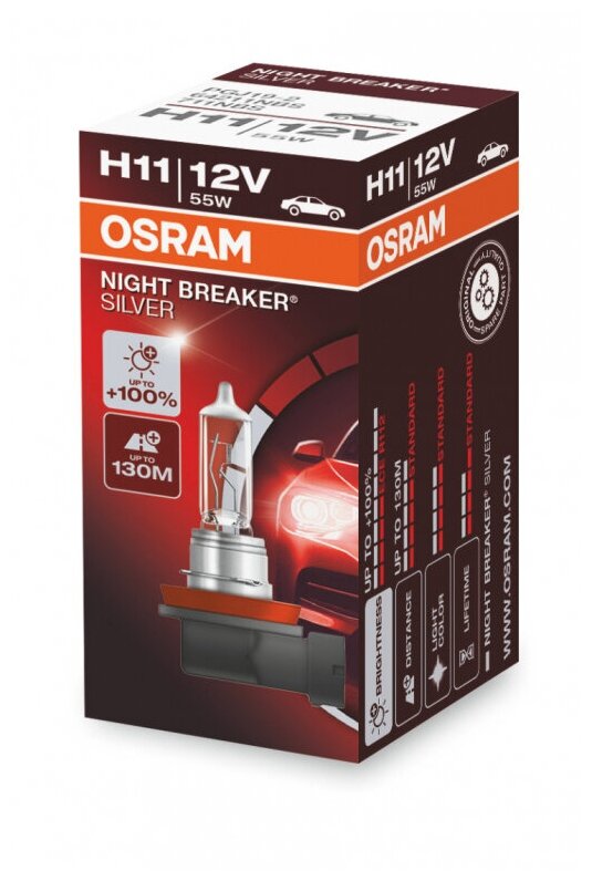 Галогеновые лампы H11 (55) PGJ19-2+100% NIGHT BREAKER SILVER 12V 64211NBS OSRAM/Автолампы