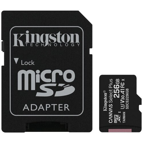 Карта памяти microSDXC 256Gb Kingston, Canvas Select Plus, Class10, UHS-I U3 A1 R/W 100/85 MB/s V30, с адаптером