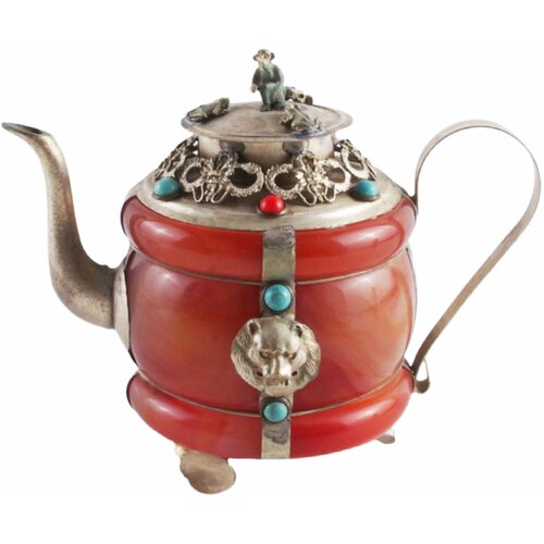 Декоративный чайник "Бирюза" в традиционном восточном стиле. Агат, металл, прочеканка, бирюза. Китай, вторая половина XX века.