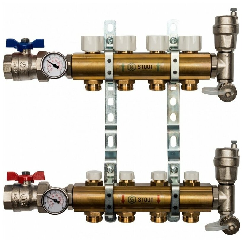 Распределительный коллектор из латуни STOUT 1" х 3/4" х 4 выхода без расходомеров