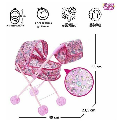 Коляска для кукол с сумкой Сладкая поняшка универсальная металлический каркас 4718₽