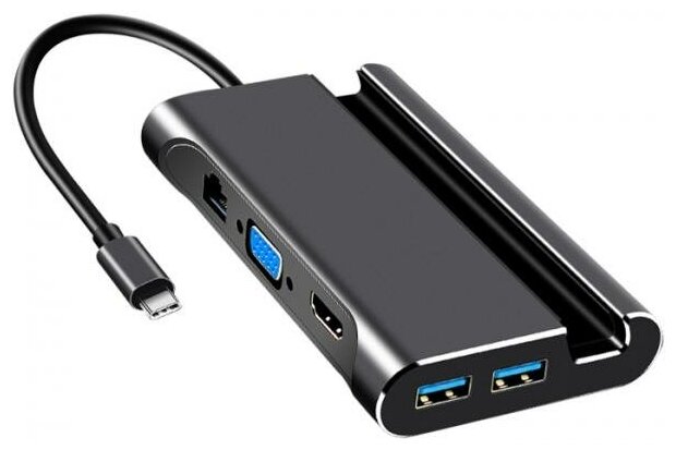 USB-концентратор (Хаб) GSMIN RT-17 7 в 1 c подставкой для телефона (Type-C, 3xUSB 3.0, RJ45, HDMI, VGA, PD) (Черный)