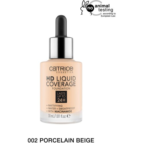 CATRICE Тональная эмульсия HD Liquid Coverage Foundation, 30 мл/130 г, оттенок: 002 Porcelain Beige catrice тональная основа hd liquid coverage foundation тон 002 porcelain beige фарфоровый бежевый