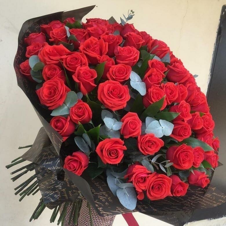 101 красная роза Эквадор с эвкалиптом, 50 см
