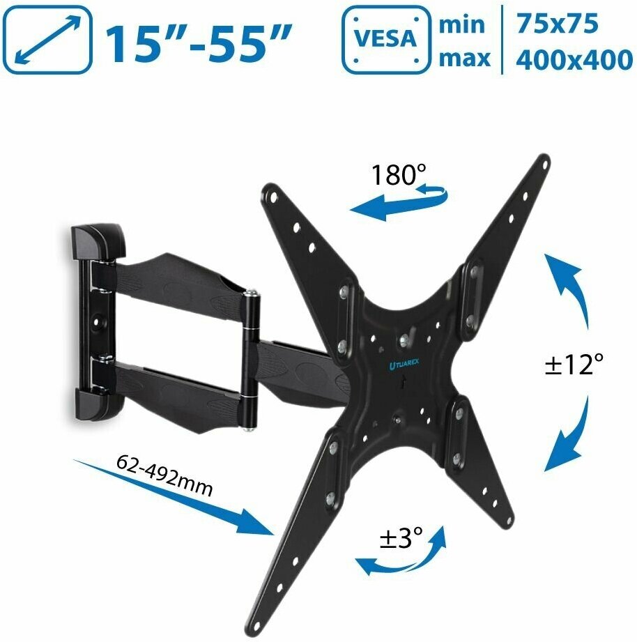 Кронштейны для техники TUAREX Кронштейн настенный TUAREX OLIMP-404 15-55" (наклон ±12°, поворот 180°, до 35 кг, чёрный)