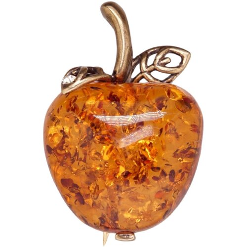 Брошь, бижутерный сплав, бронзирование, янтарь синтетический, янтарь, стразы, янтарь прессованный, коричневый