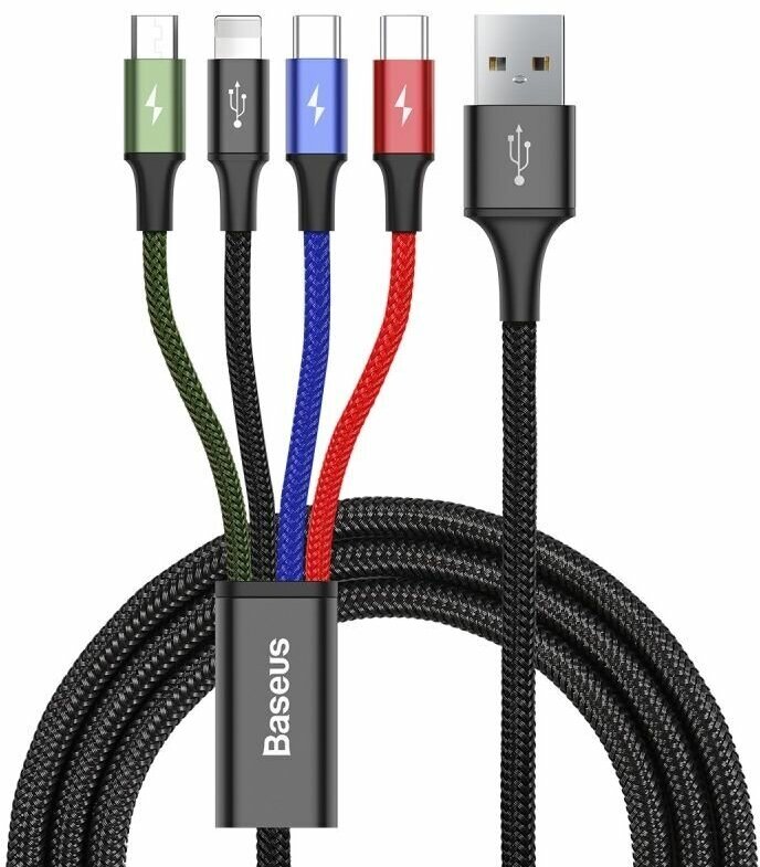 Кабель USB BASEUS Fast 4-in-1, USB - MicroUSB + 2*Type-C + Lightning, 3.5A, 1.2 м, черный