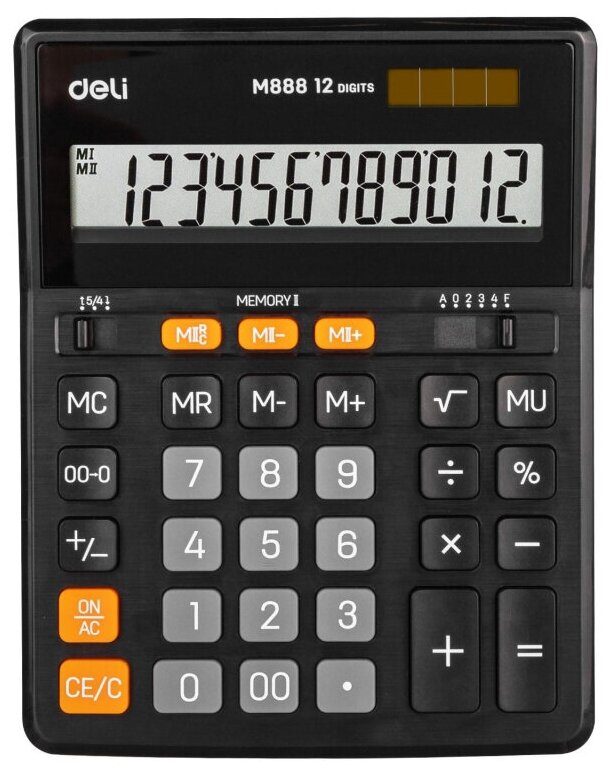 Калькулятор настольный полноразм. Deli EM888, 12-р, дв. пит, 202х159мм, черн