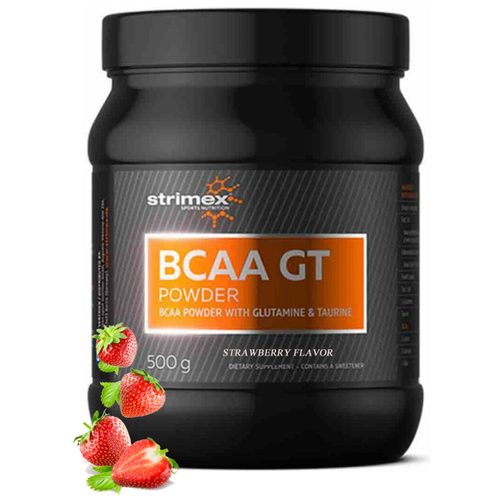 Аминокислоты Strimex BCAA GT Powder, клубника, 500 гр. + глютамин и таурин, БЦАА, Спортивное питание