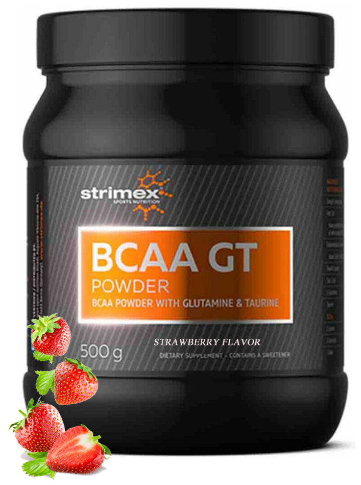 Аминокислоты Strimex BCAA GT Powder, клубника, 500 гр. + глютамин и таурин, БЦАА, Спортивное питание