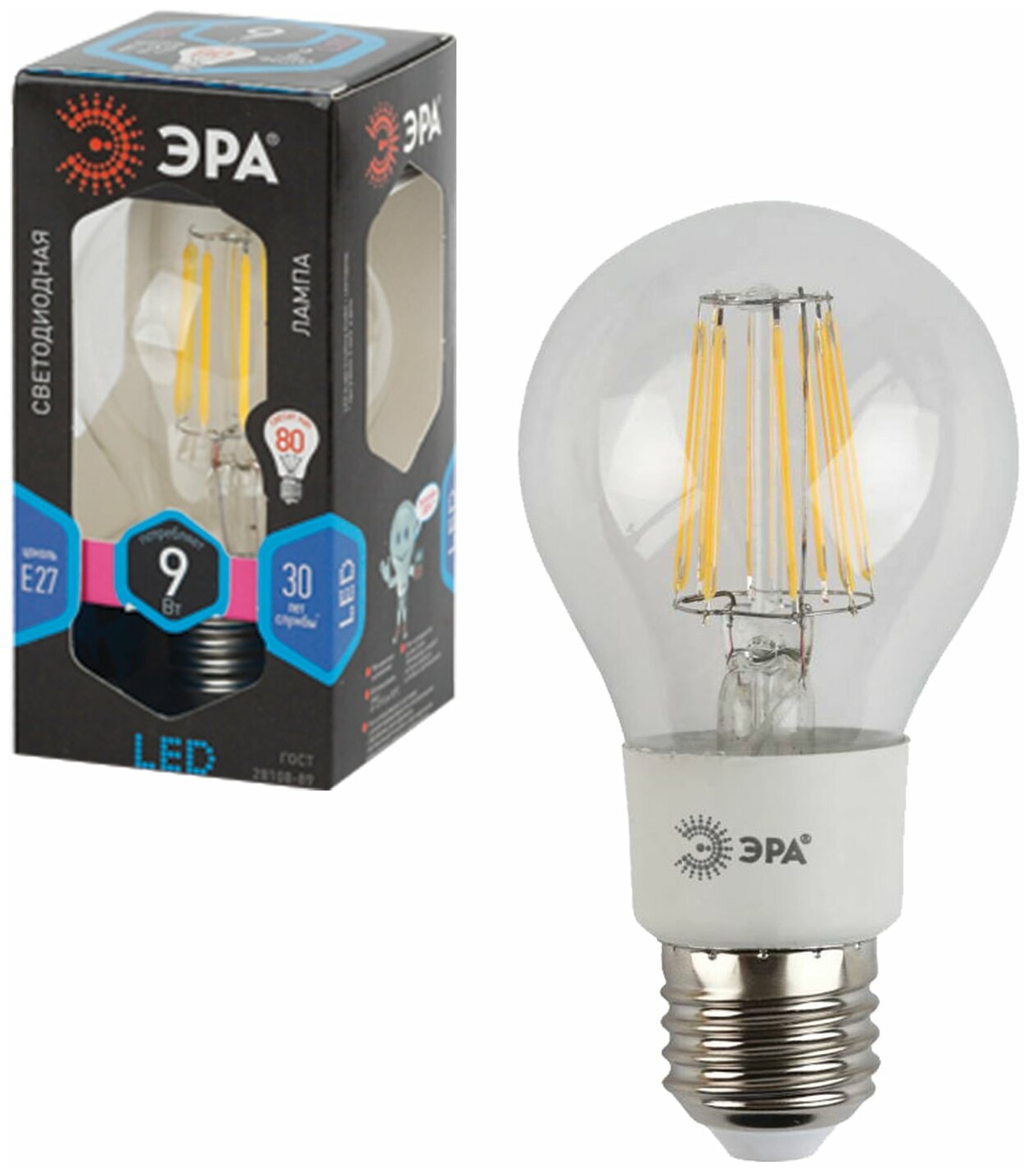 Лампа светодиодная филаментная ЭРА, 9 (80) Вт, цоколь E27, грушевидная, холодный белый свет, 30000 ч., F-LED А60-9w-840-E27 (арт. 452128)