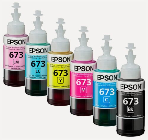 Изображение товара Оригинальные чернила EPSON 673 T6731, T6732, T6733, T6734, T6735, T6736 для принтеров Epson L800, Epson L805, Epson L810, Epson L850, Epson L1800 в тех. упаковке