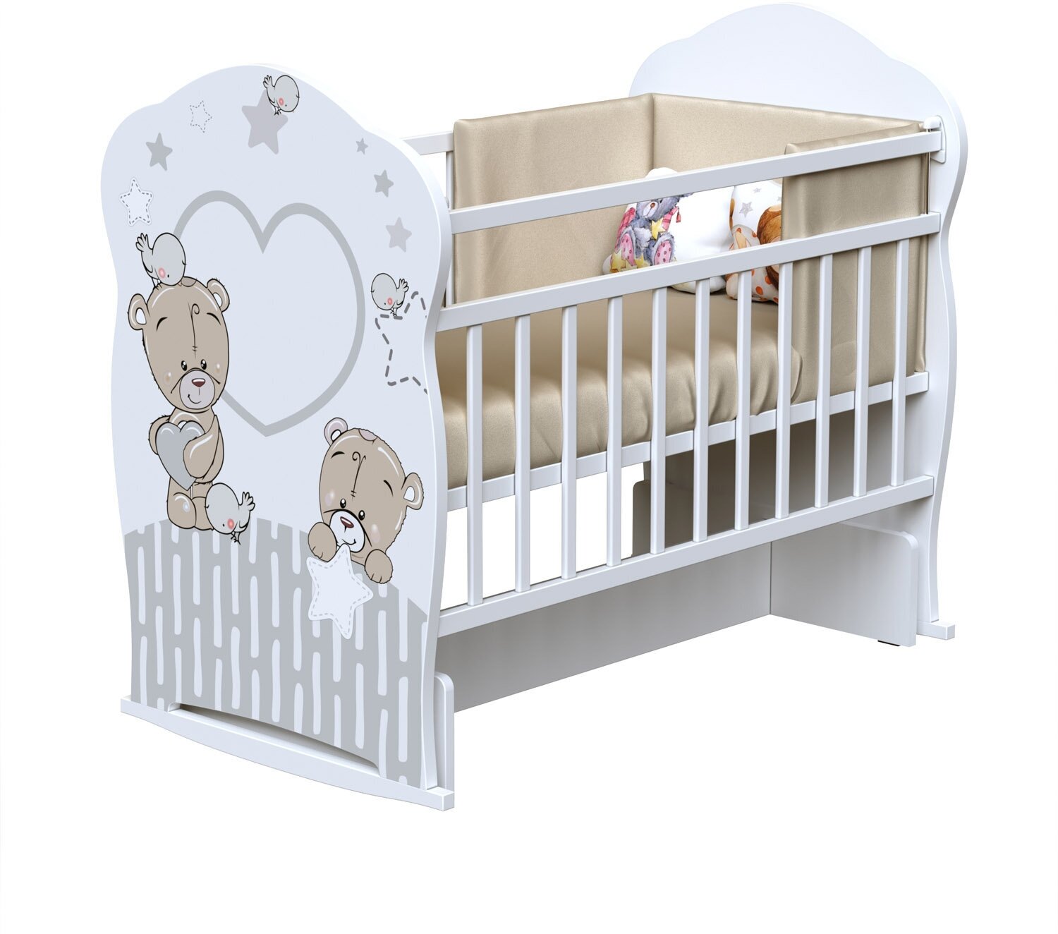 Кроватка детская для новорожденных ВДК Forever Friends, колесо-качалка с маятником, массив березы, белый