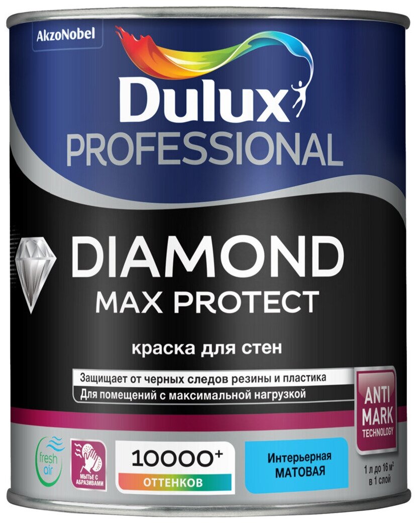 Краска для стен и потолков водно-дисперсионная Dulux Diamond Max Protect матовая белая 1 л.