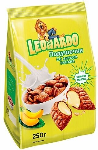 Leonardo, готовый сухой завтрак Подушечки со вкусом Банан, 250 г