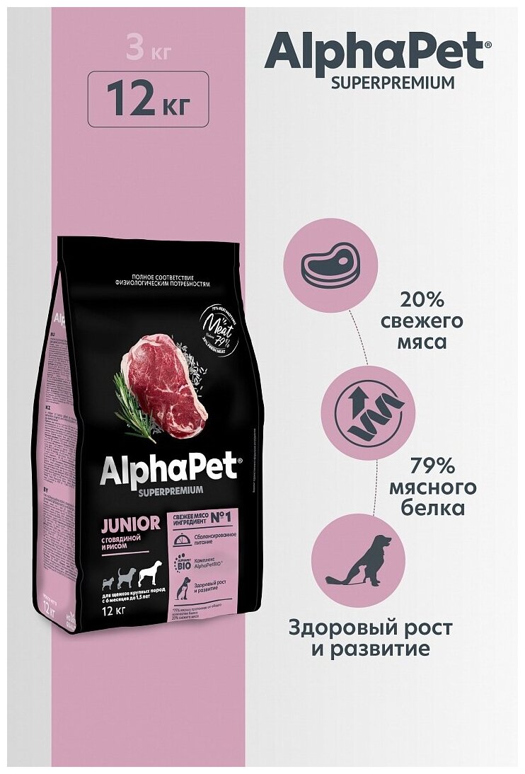 ALPHAPET SUPERPREMIUM 12 кг сухой корм для щенков крупных пород с 6 месяцев до 1,5 лет с говядиной и рисом - фото №10
