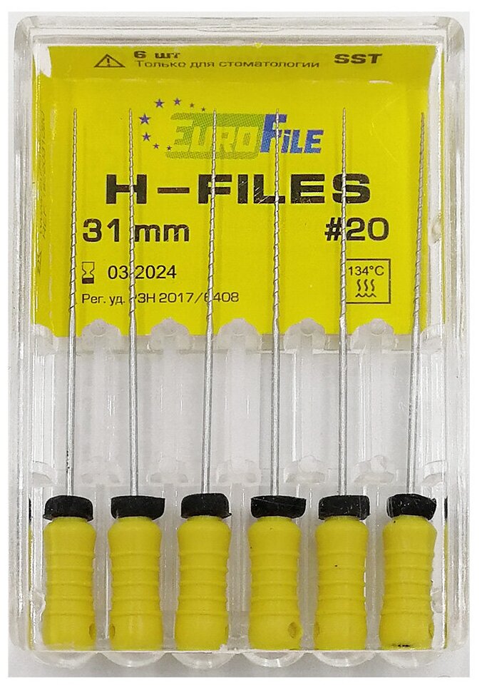 H-Files - ручные стальные файлы, 31 мм, N 20, 6 шт/упак