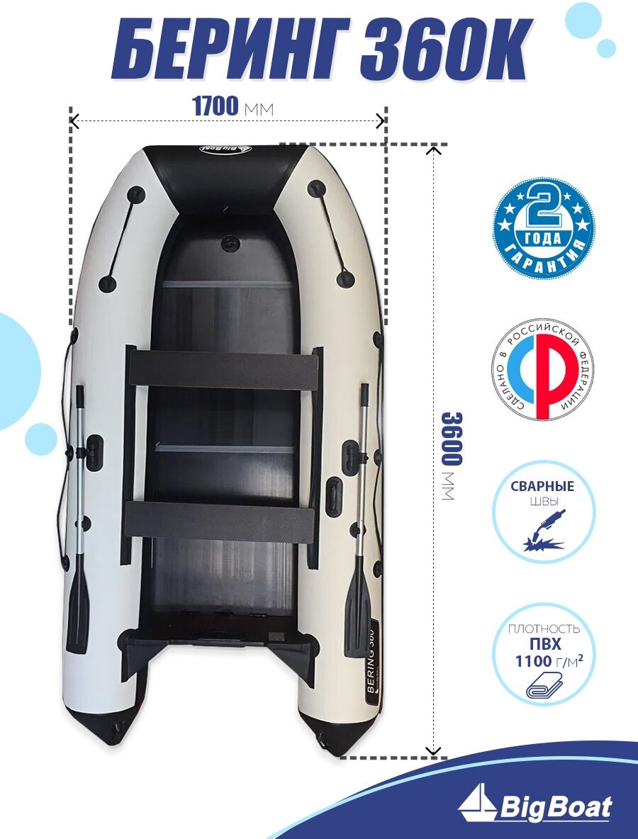 Надувная, под мотор, килевая лодка из ПВХ для рыбалки Bering (Беринг) 360К пол-книжка