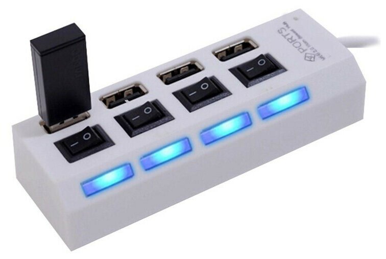 USB Hub разветвитель на 4 USB с выключателями (Белый)