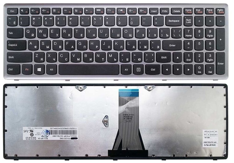 Клавиатура для ноутбука Lenovo IdeaPad Flex 15 G500S G505S S500 S510 Z510 черная рамка серебряная