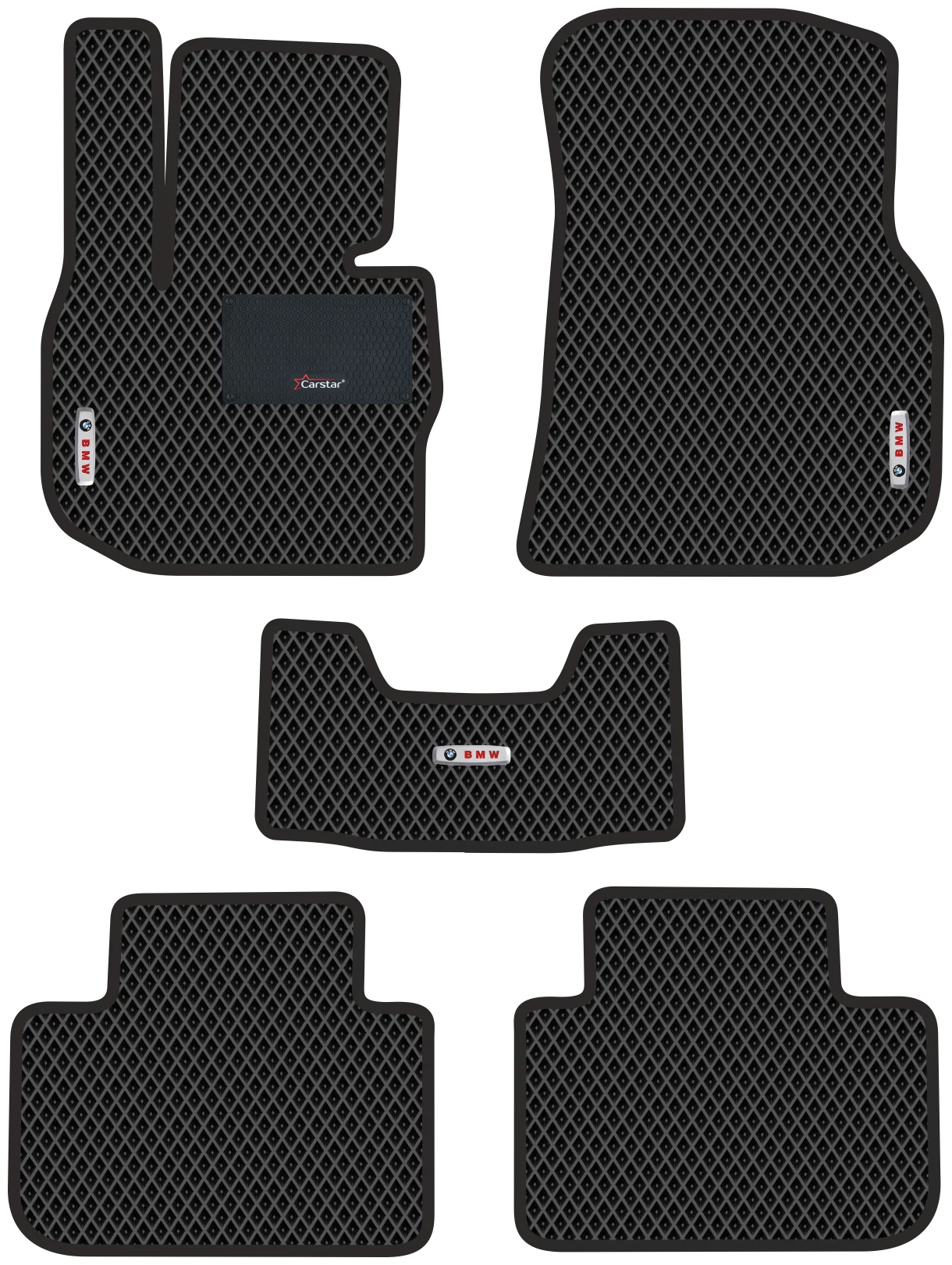 Автомобильные коврики EVA для BMW X4 II G02 (2018-н/в) с каучуковым подпятником и 2 эмблемами BMW, чёрные с чёрным кантом, ячейка - ромб