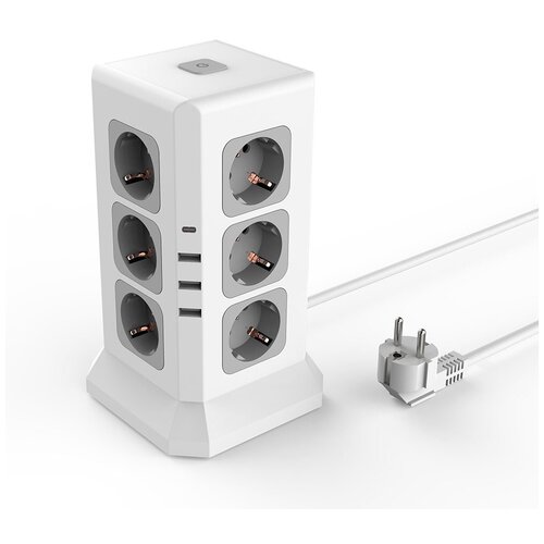 Удлинитель Tower Extended 12 Euro 16A, 4 USB 3A+C с блоком 5В/3.4А, кабель 2,0м RocketSocket, цвет белый-серый GNS5004 Ливолотач