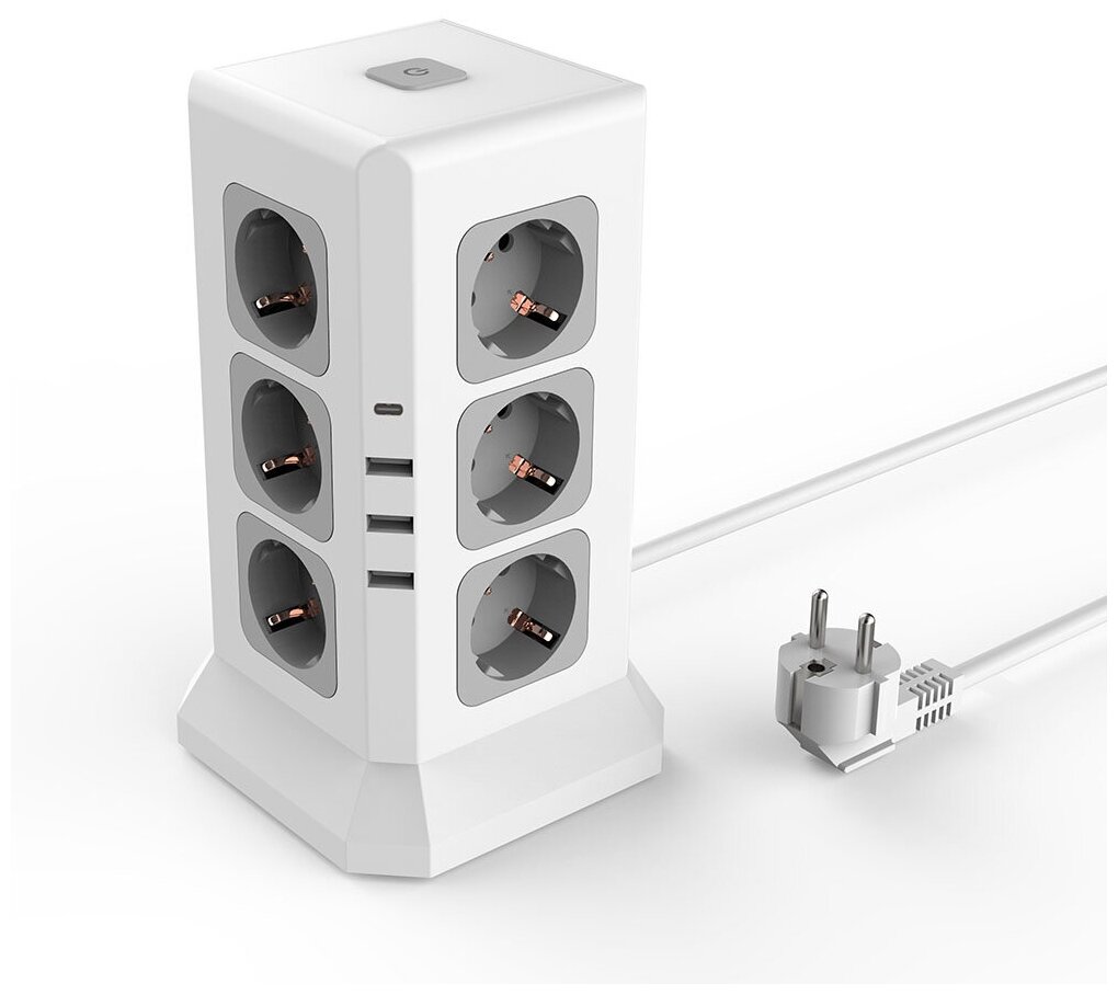 ROCKETSOCKET Удлинитель Tower Extended 12 Euro 16A, 4 USB 3A+C с блоком 5В/3.4А, кабель 2,0 м цвет белый GNS5004