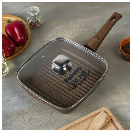 Сковорода-гриль Гранит 24х24 см съёмная ручка стеклянная крышка антипригарное покрытие цвет коричневый 4848₽