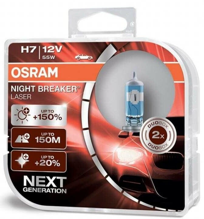 Галогенная лампа OSRAM H7 55 PX26d+150% NIGHT LASER 3750K , 12V , 2 шт. 64210NL-HCB/Автолампы