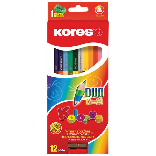 фото Карандаши цветные kores 24 цвета, 12 штук, 3-гранные, двусторонние, с точилкой