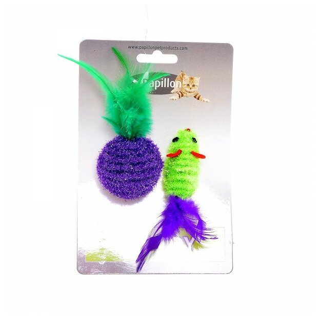 Papillon Игрушка для кошек Мышка и мячик с перьями 5+4см, двуцветные (Cat toy mouse 5 cm and ball 4 cm with feather on card) 240051 | Cat toy mouse 5 cm and ball 4 cm with feather on card, 0,016 кг