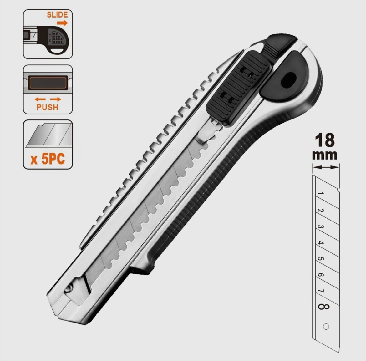 Нож строительный 18мм/канцелярский/усиленный фиксатор запасных лезвий (5 шт)