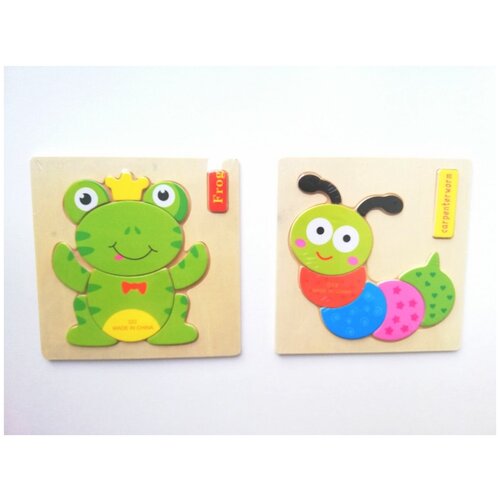 Рамка-вкладыш деревянная набор 2 шт изучаем английский язык. Пазл-вкладыш дерево Лягушка/Гусеница с английскими словами.