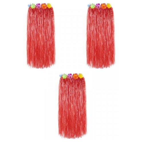 фото Гавайская юбка длинная красная с цветочками, 80 см (набор 3 шт.) happy pirate