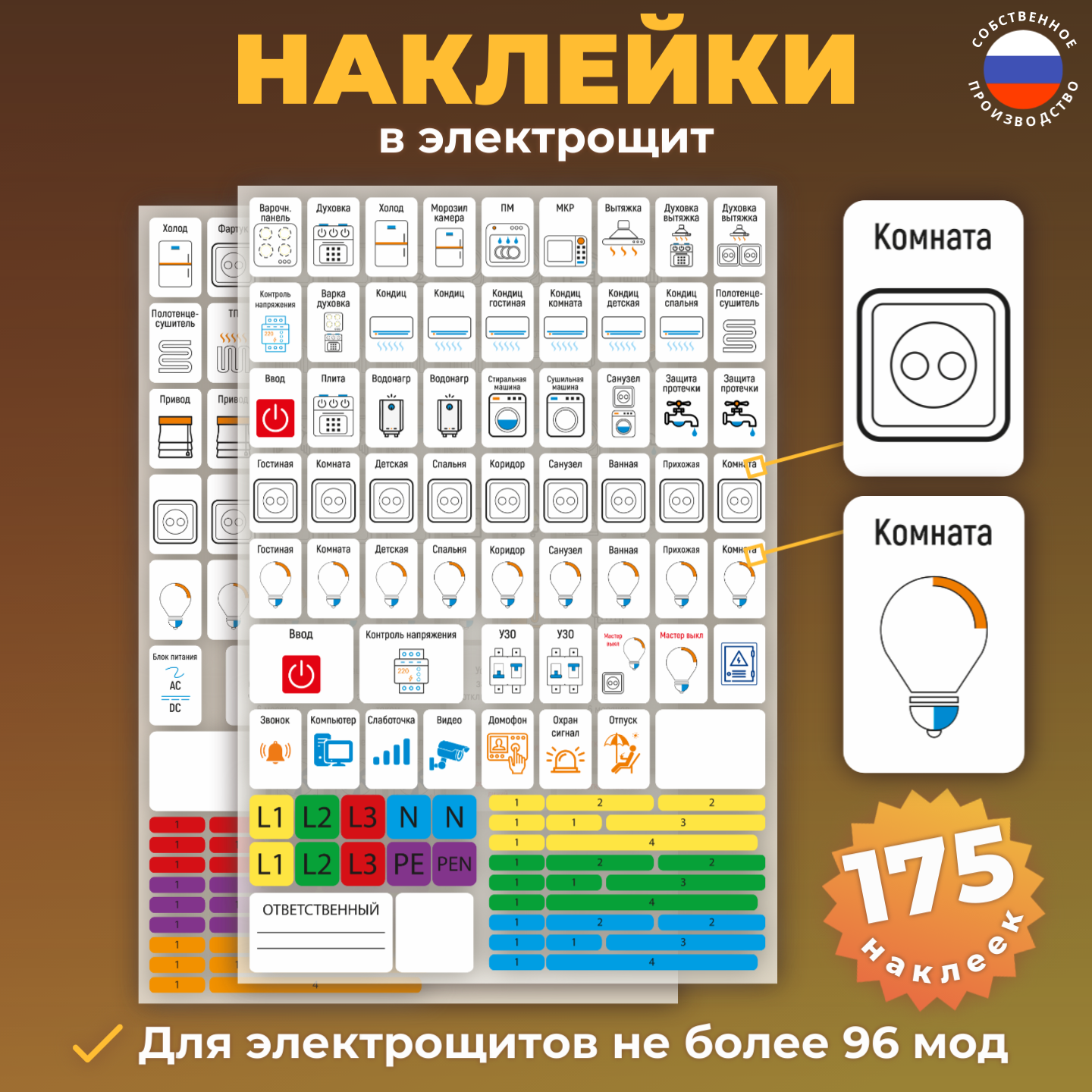 Наклейки в щиты электрические до 48 модулей - маркировка для электрощитов 175 шт.