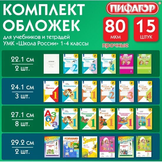 Обложки для тетрадей и дневников Пифагор ПП для тетрадей и учебников, набор 15 шт., клейкий край, 80 мкм, универсальные, прозрачные, , 271264