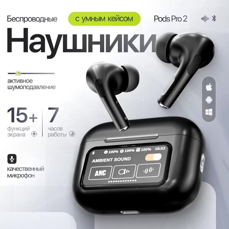 Наушники беспроводные A.PODS Pro 2 AIR TYPE-C c экраном LED шумоподавлением микрофоном и Bluetooth, черный — фото 1