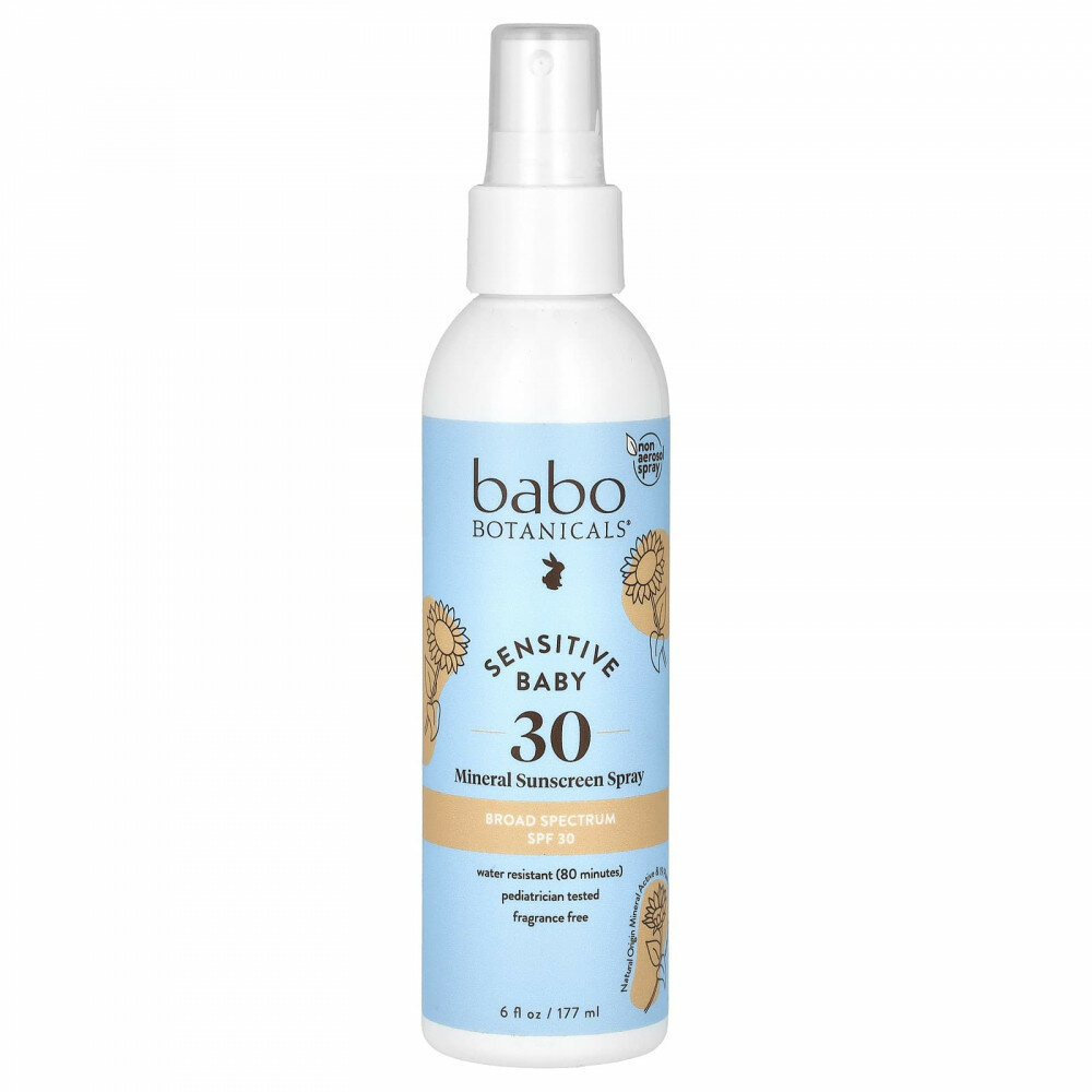Babo Botanicals, Минеральный солнцезащитный спрей для детской кожи, SPF 30, без отдушек, 177 мл (6 жидк. унц.)